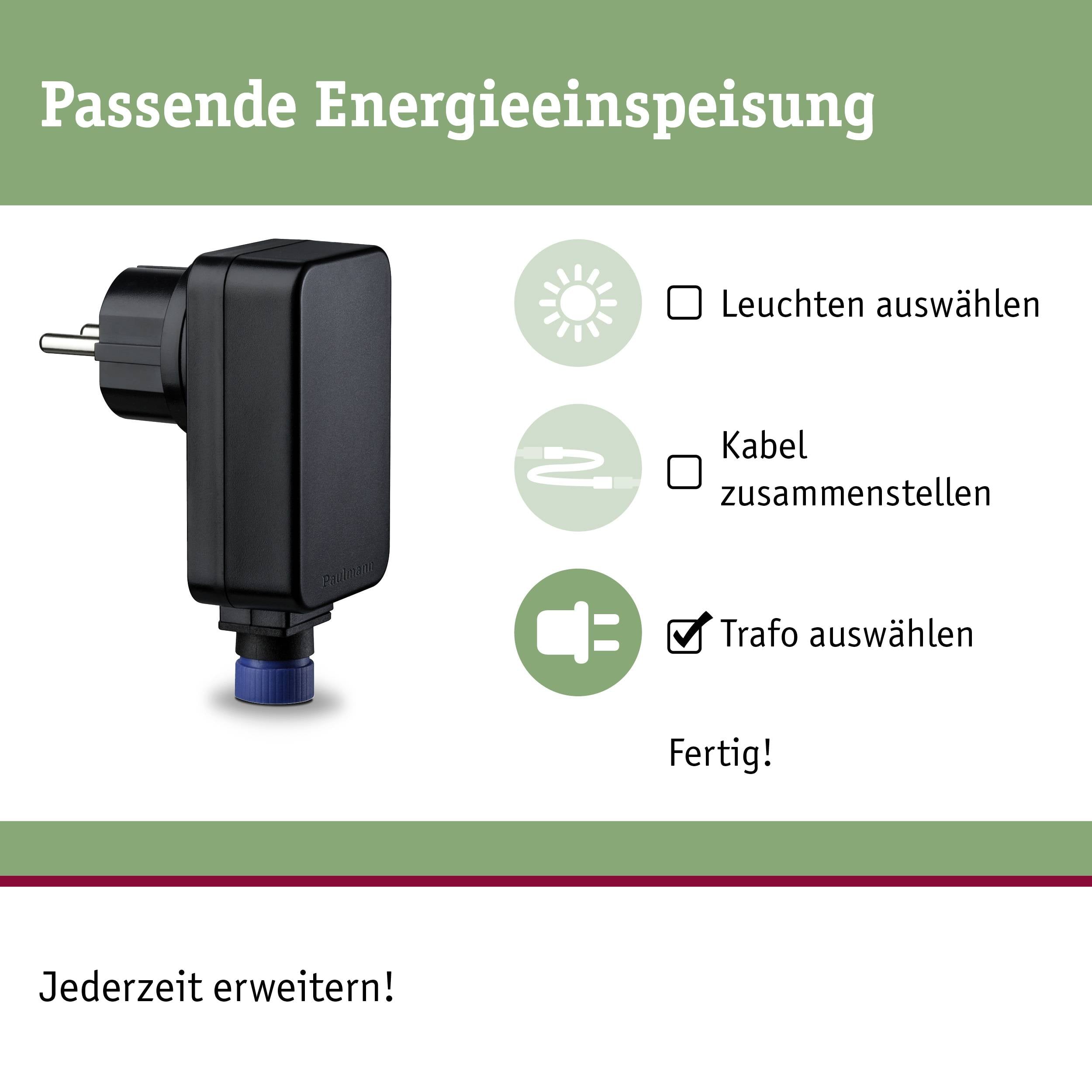 'Passende Energieeinspeisung' mit Bild eines Netzteils. Checkliste daneben: 'Leuchten auswählen', 'Kabel zusammenstellen', 'Trafo auswählen' mit 'Fertig!' text.
