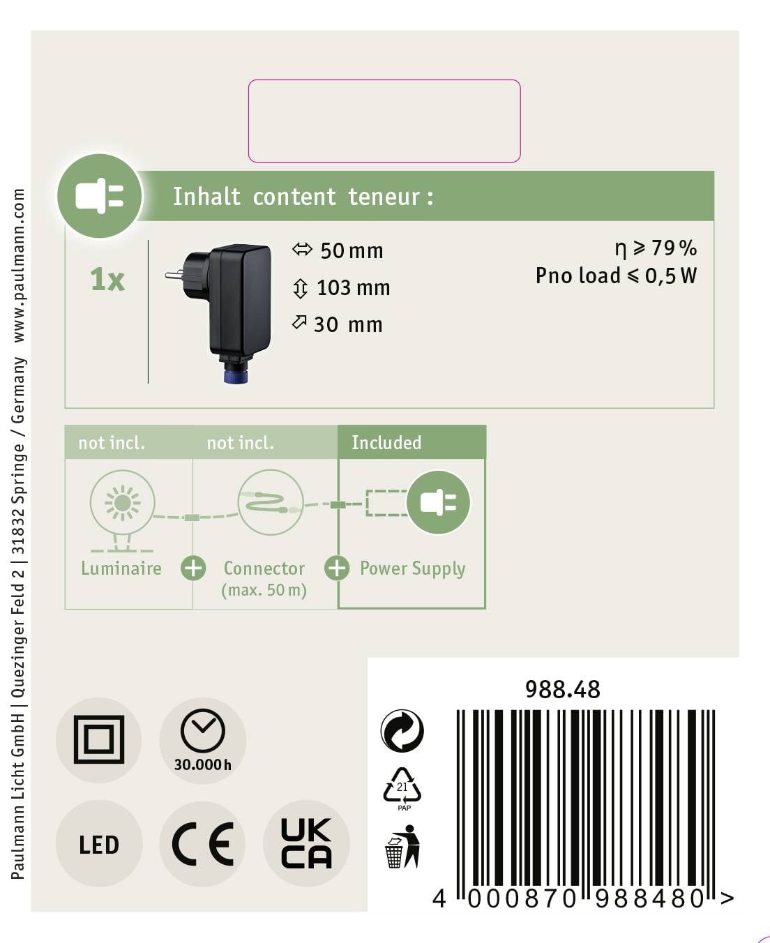 'Verpackung von Paulmann Licht GmbH öffnet sich und zeigt einen LED-Adapter mit Spezifikationen: Ø 50 mm, Länge 103 mm, Anschluss 30 mm.'