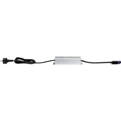 Ein schwarzes Netzkabel mit Stecker ist an einem silbernen, rechteckigen Adapter angeschlossen, der zu einem runden Output-Kabel führt.