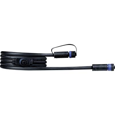 Schwarzes, aufgerolltes Kabel mit blauen Steckverbindern an beiden Enden, geeignet für elektrische Anschlüsse.