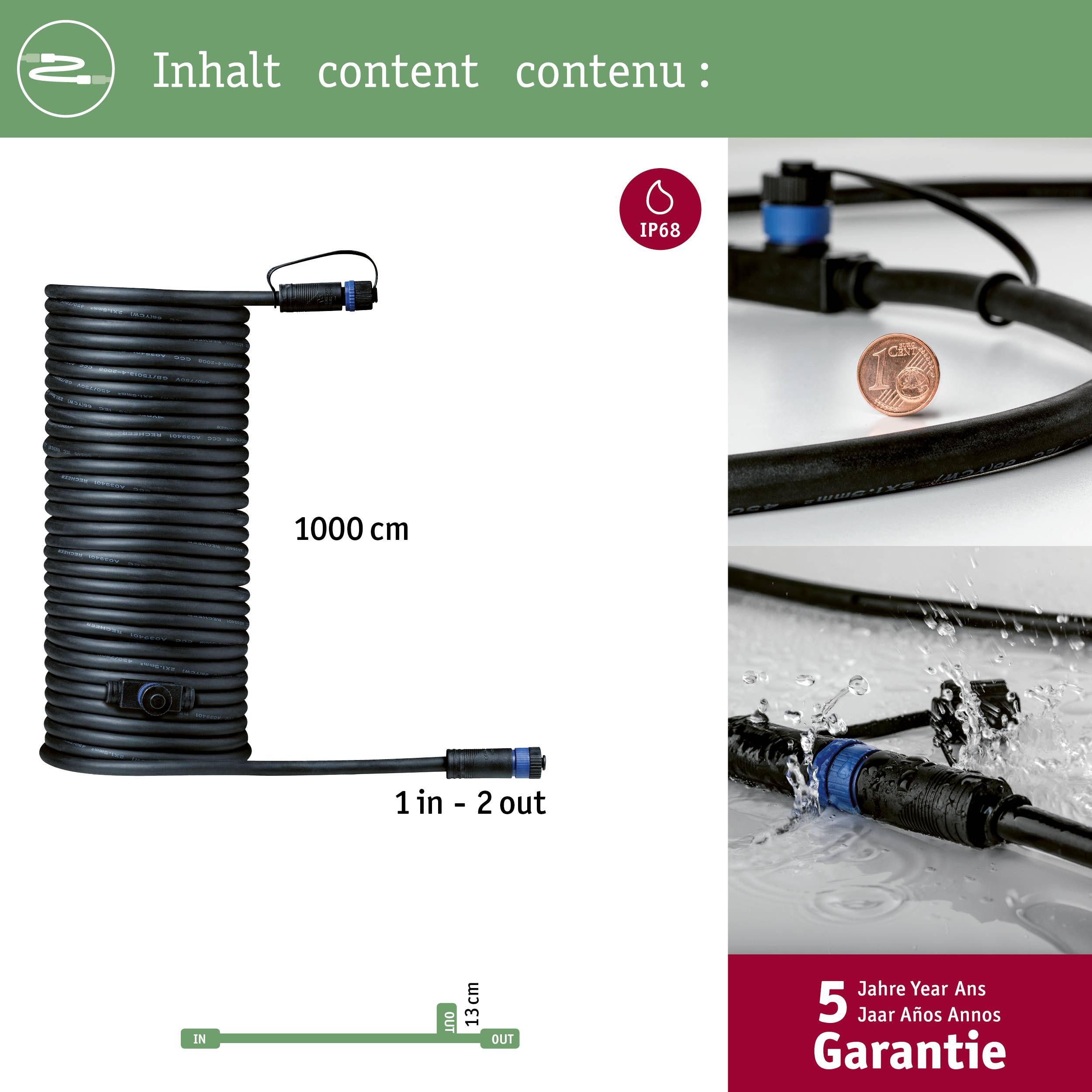 Schwarzer Spiralschlauch mit markierten Längenangaben, geeignet für IP68-Anwendungen. Enthält Garantiehinweis für 5 Jahre.