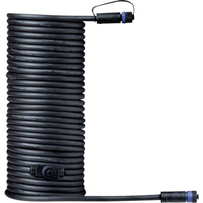 Ein aufgerolltes schwarzes Kabel mit blauen Anschlüssen an beiden Enden, geeignet für elektrische Verbindungen oder Verlängerungen.