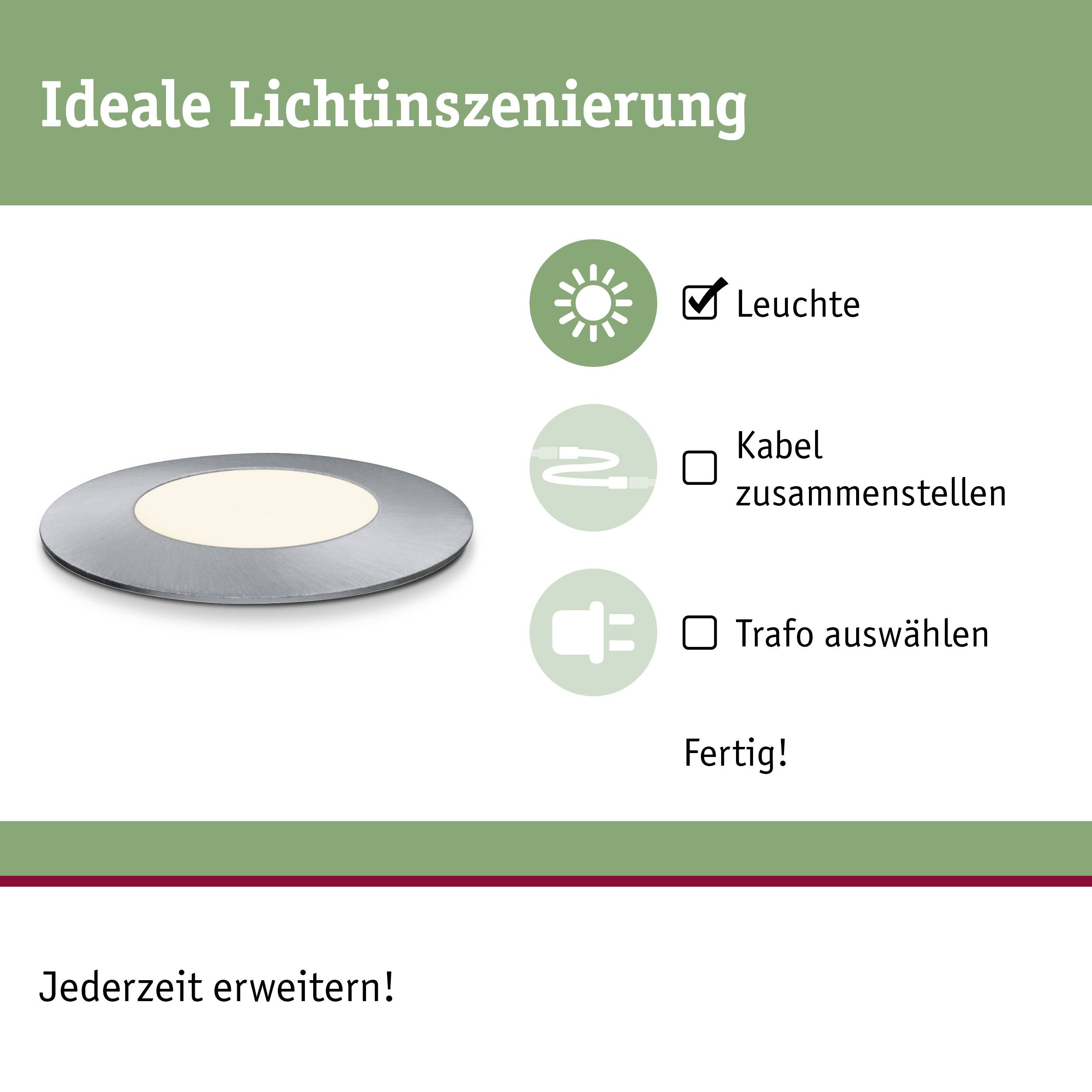'Ideale Lichtinszenierung' mit Leuchte, Kabel zusammenstellen, Trafo auswählen. Fertig. Hinweis: 'Jederzeit erweitern!'