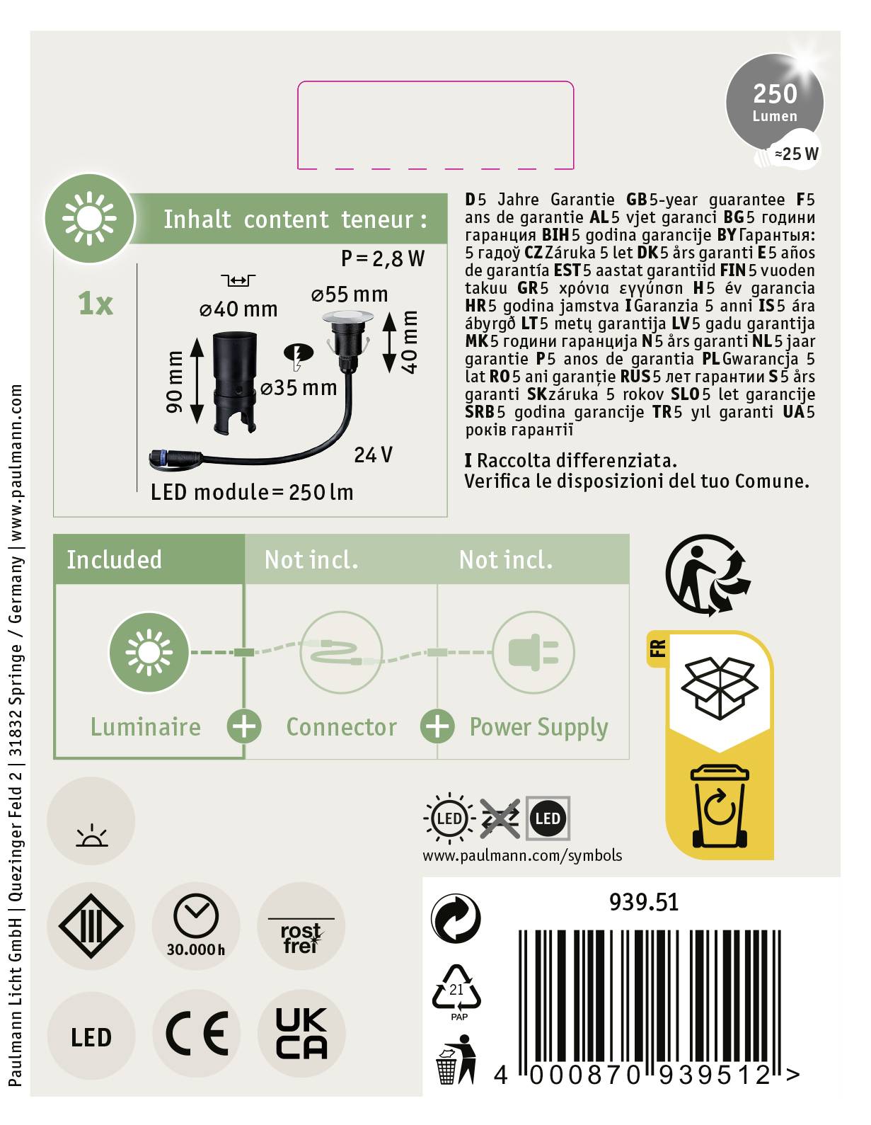 Produktetikett einer LED-Lampe: Details zur Garantie, technische Spezifikationen, Recyclinganweisungen, Piktogramme für Funktionen.