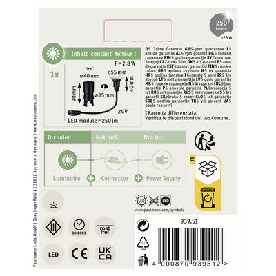 Produktetikett einer LED-Lampe: Details zur Garantie, technische Spezifikationen, Recyclinganweisungen, Piktogramme für Funktionen.