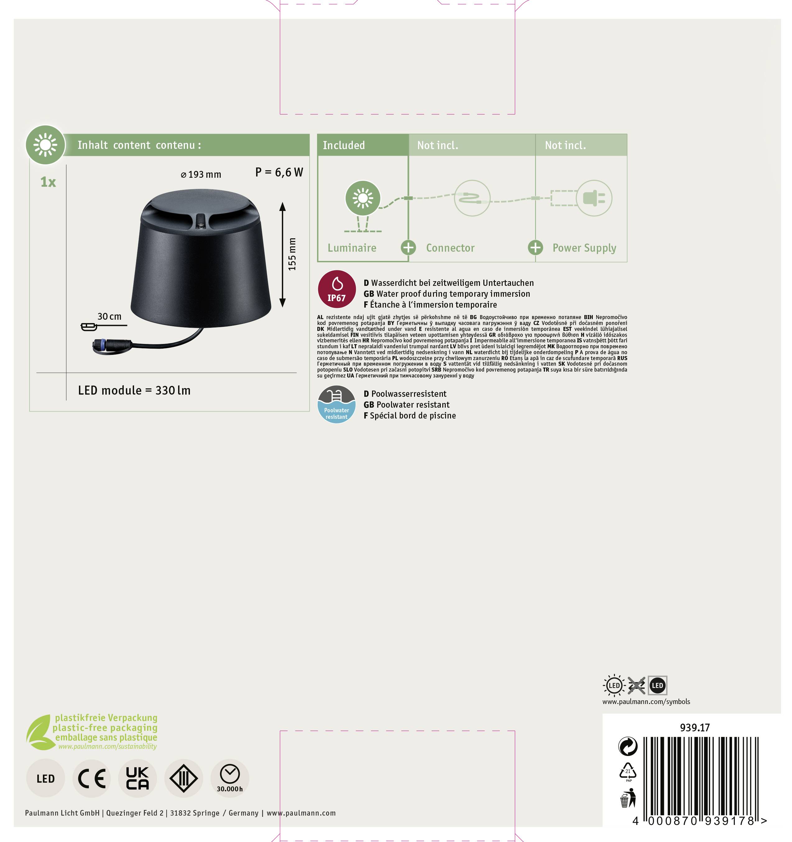 'Außenstrahler, inklusive LED-Modul mit 330 Lumen, 6,6 W, Wasserfontäne betoniertem Unterbau. Durchmesser 93 mm, Höhe 30 cm.'