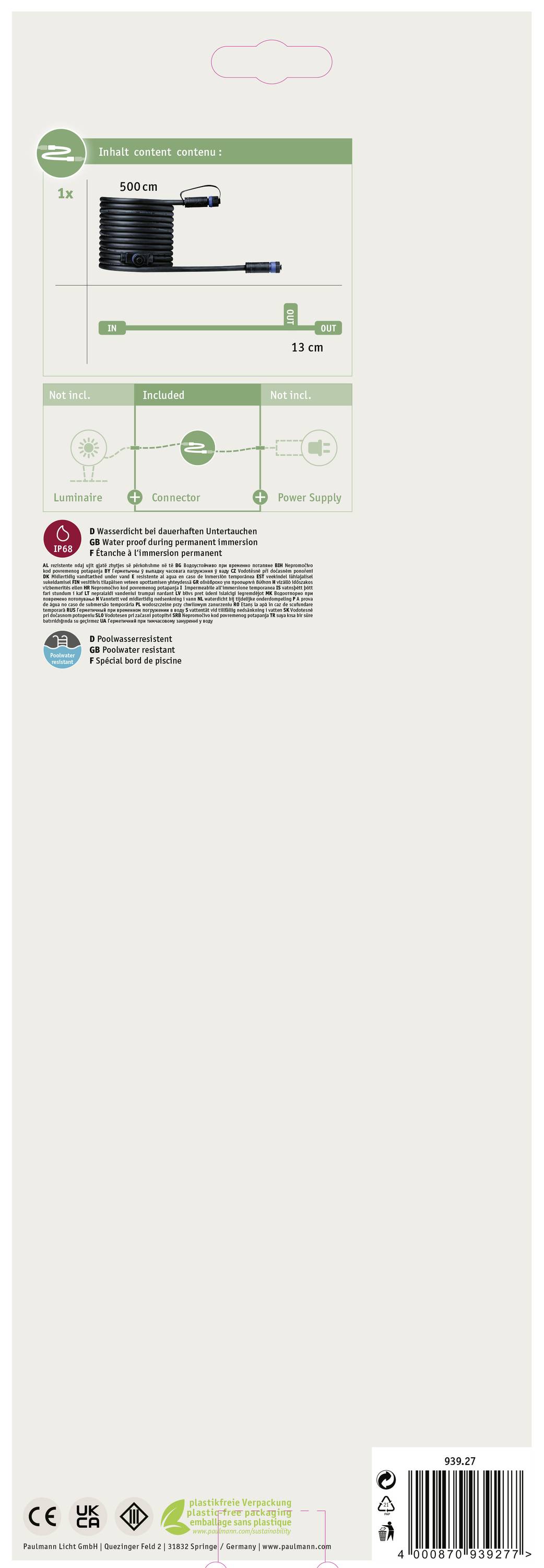 Auf der Verpackung sind ein Bild von einem Schlauch, dessen Maße 500 cm x 12 cm sind, und Informationen zu Garantie und Materialien abgebildet.