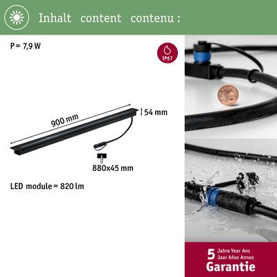 'LED-Modul mit 900 mm Länge, 54 mm Breite, 7,9 W Leistung. 820 lm Helligkeit, IP67-Schutz, 5 Jahre Garantie.'