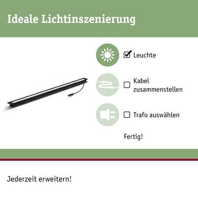 'Iideale Lichtinszenierung'. Abbildung von Lampe, Glühbirne, Stecker und Kabel, mit den Schritten: Leuchte, Kabel zusammenstellen, Trafo auswählen. Text: 'Fertig!' und 'Jederzeit erweitern!'.