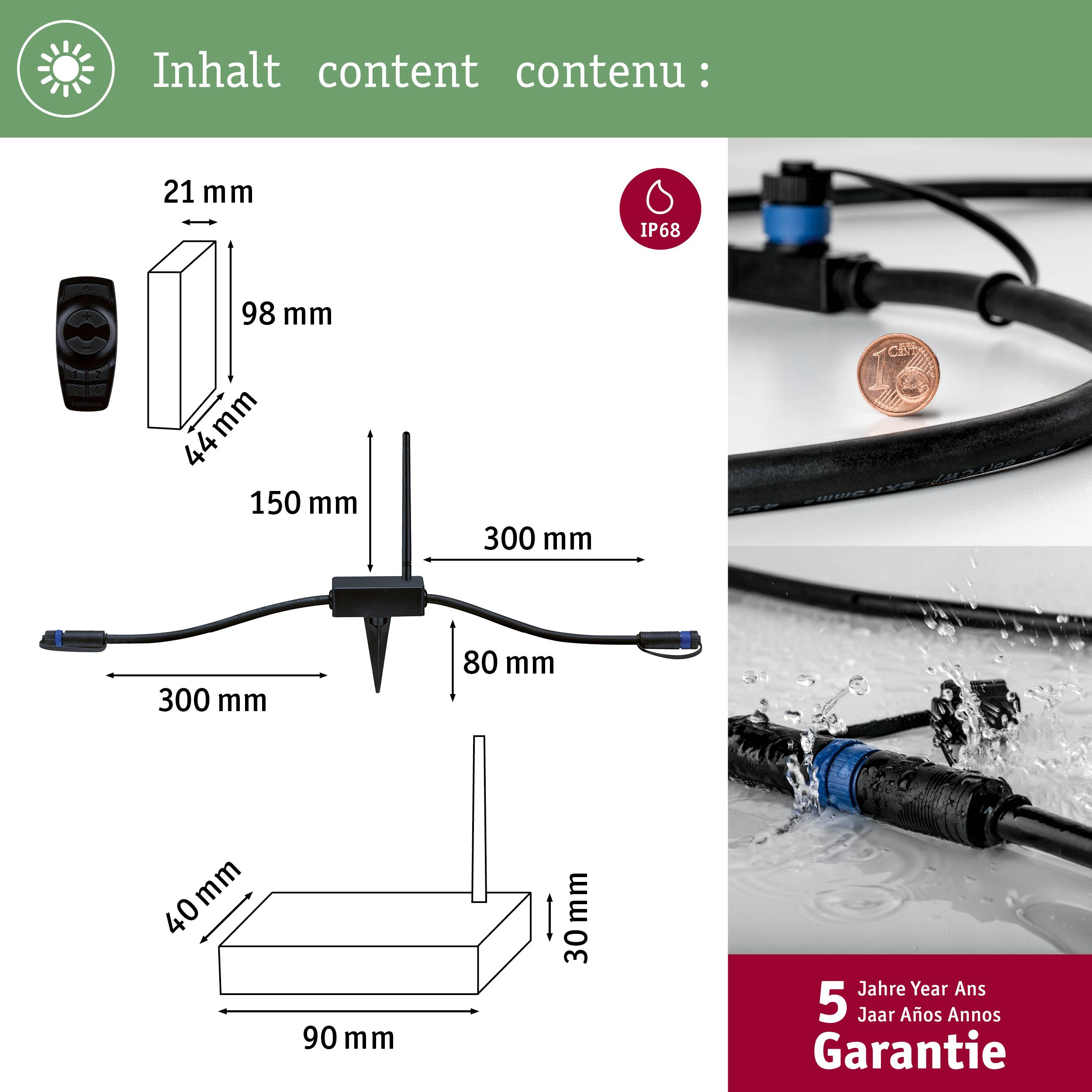 'Diagramm mit Abmessungen eines Kabels: Länge 300 mm, Breite 40 mm, Höhe 90 mm. Sensor IP68. Wasserfest, 5 Jahre Garantie.'