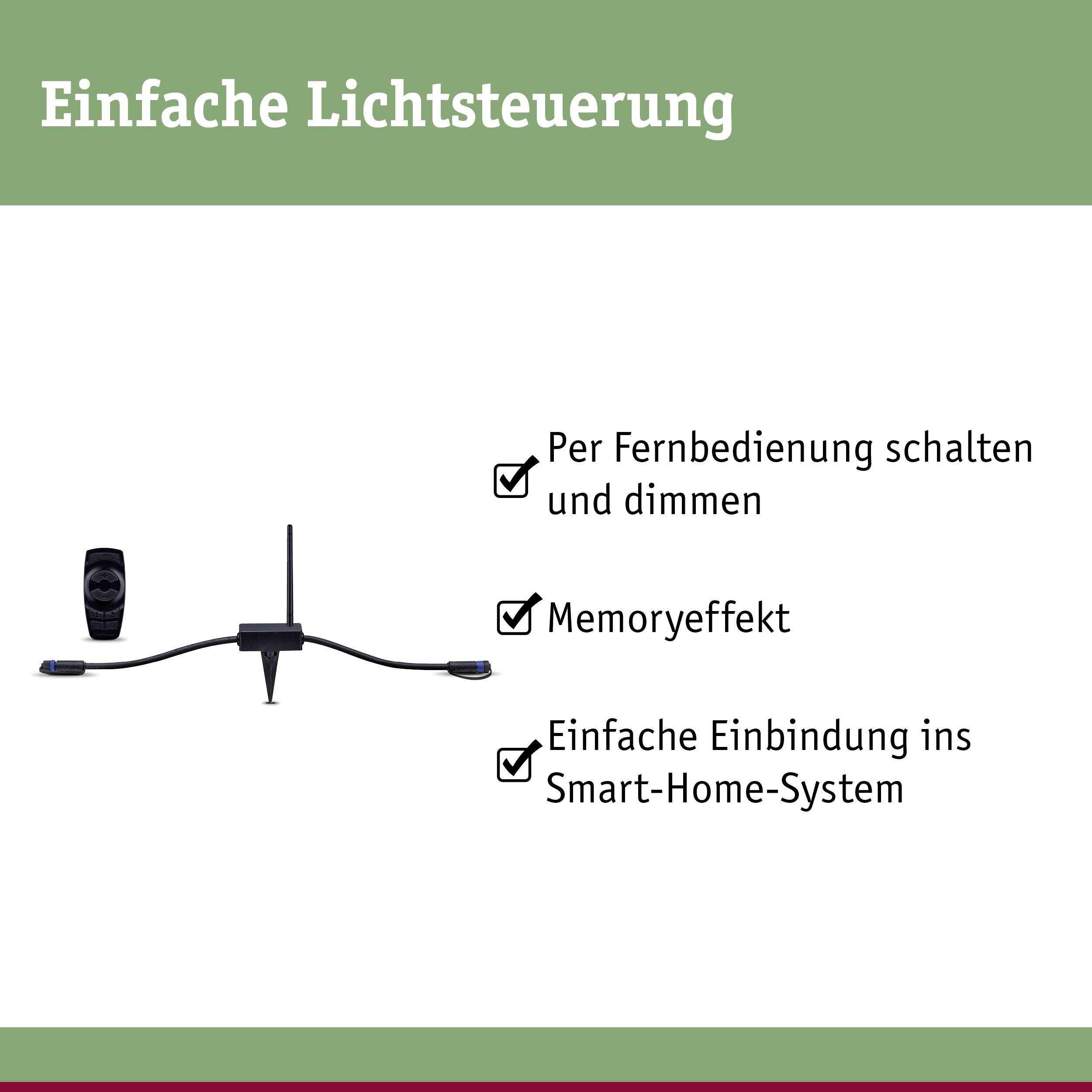 'Einfache Lichtsteuerung' zeigt eine Fernbedienung und ein Steuergerät mit Funktionen: Ein-/Ausschalten, Dimmen, Memoryeffekt, Smart-Home-Integration.