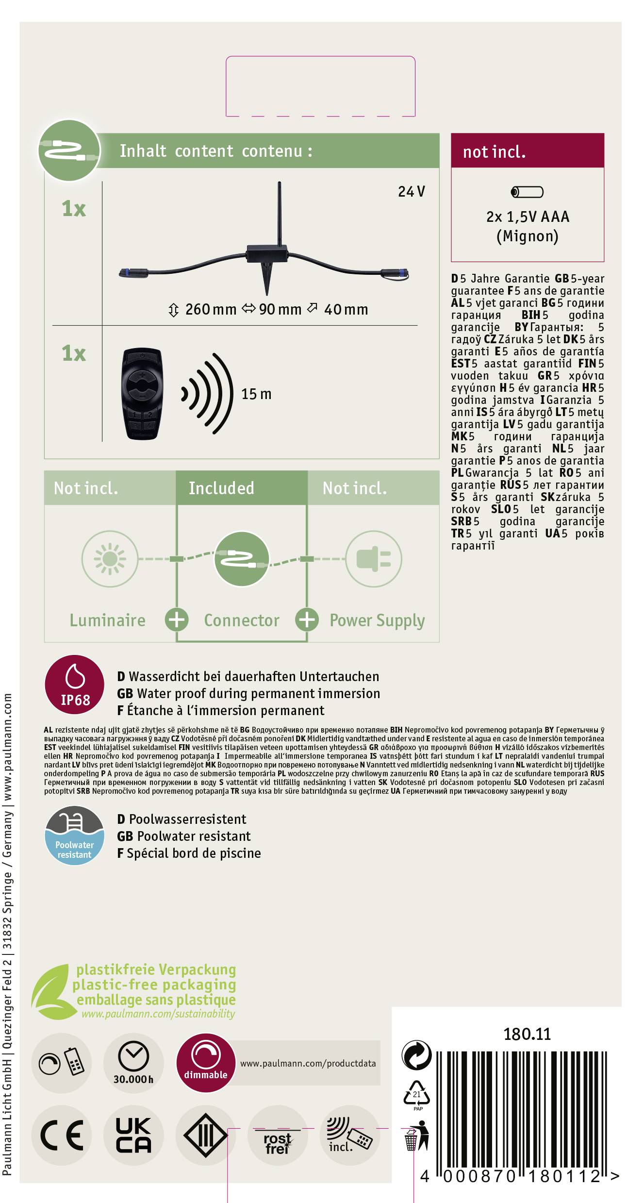 'Driss Badeleuchte 965' mit 24V Spannung. Enthält Lampe, Anschluss und Netzteil. Batterien nicht enthalten. Verpackung plastikfrei.