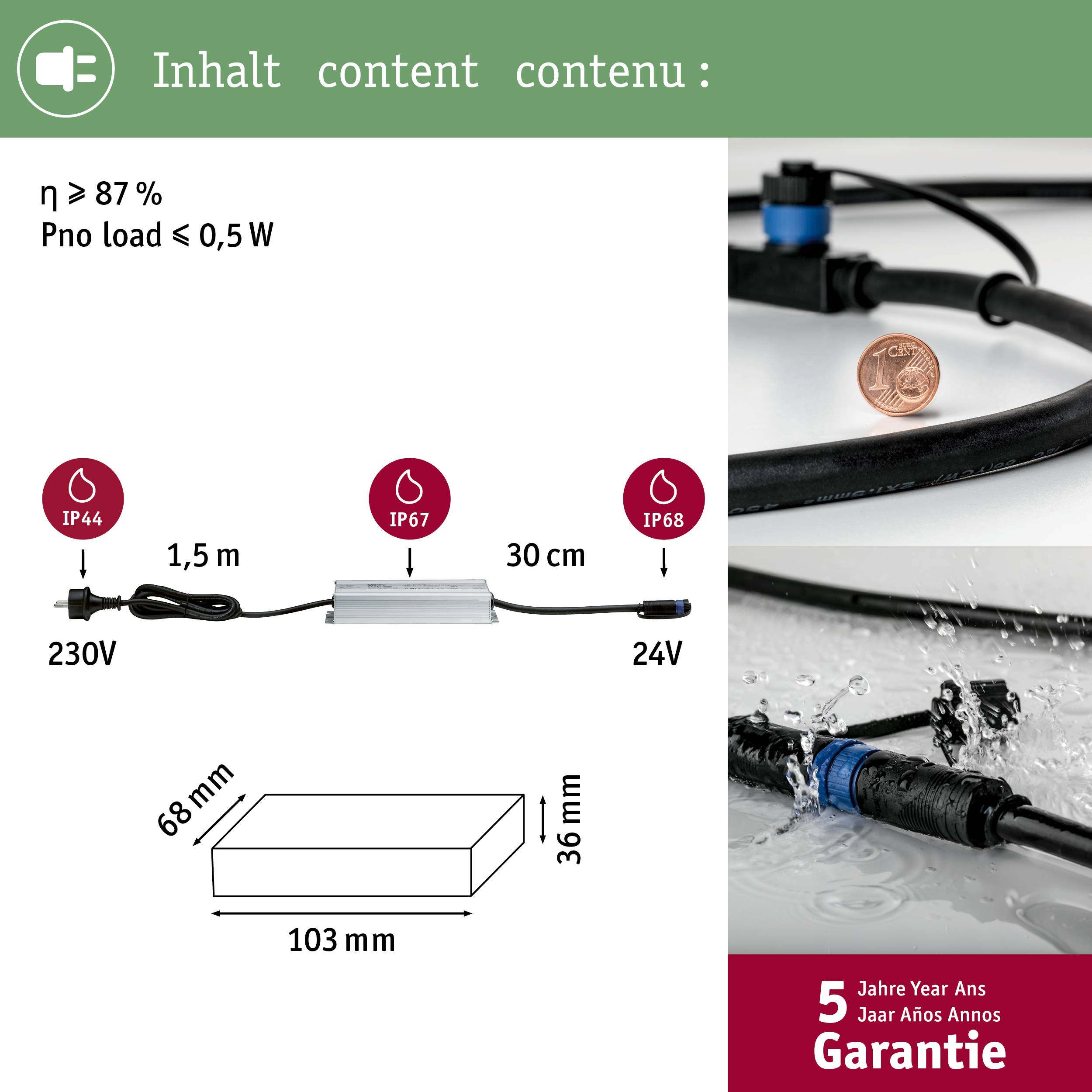 'Technische Spezifikationen eines IP68-konformen Geräts mit einem Wirkungsgrad über 87 %, 230V Eingang, 24V Ausgang, und 5 Jahre Garantie. Maße: 103 x 68 x 36 mm.'