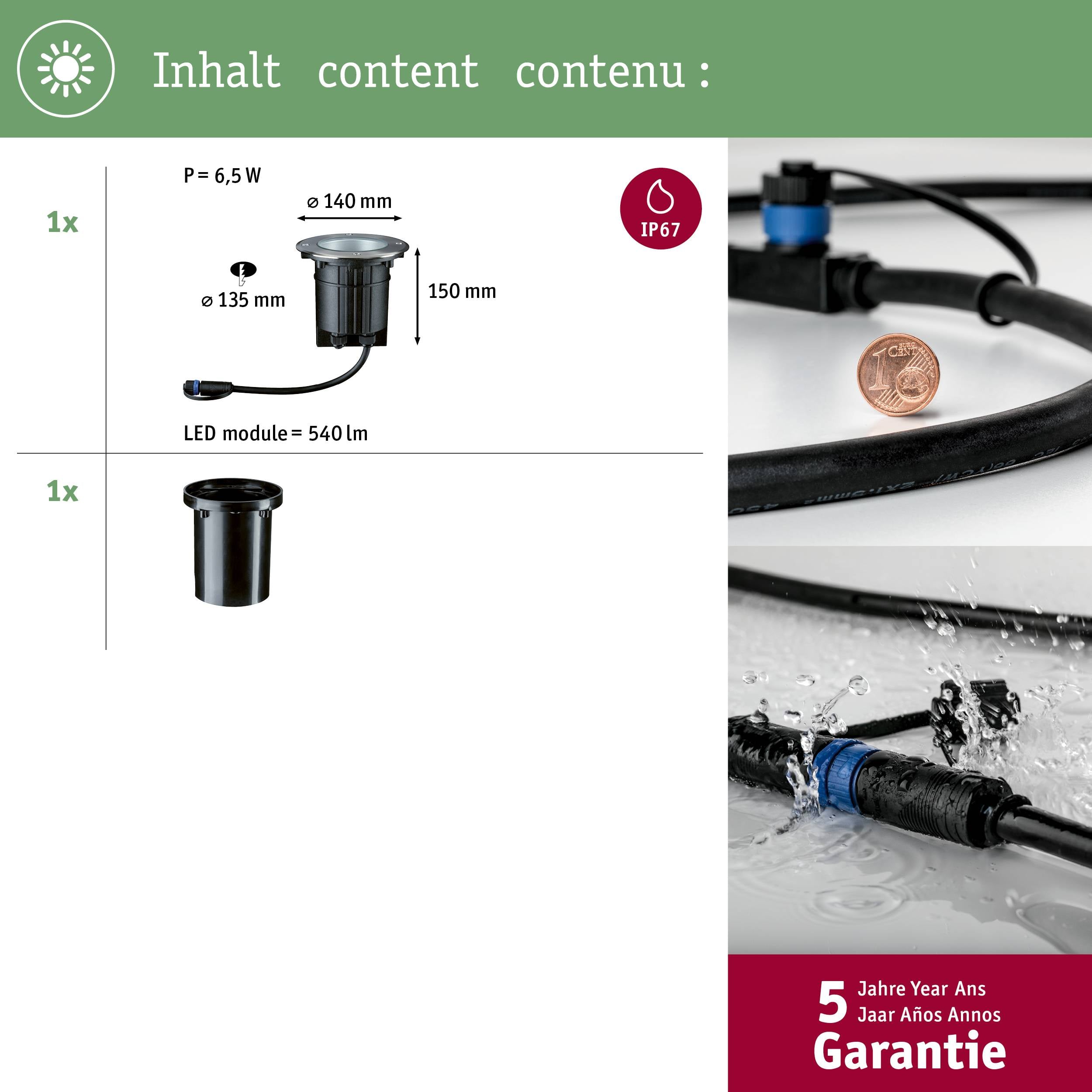 'Inhalt: 1x Leuchte mit Modul, 6,5 W, 150 mm, P = 135 mm, 540 lm, IP67; 5 Jahre Garantie.'