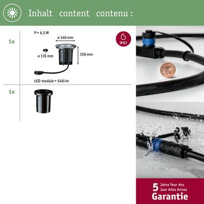 'Inhalt: 1x Leuchte mit Modul, 6,5 W, 150 mm, P = 135 mm, 540 lm, IP67; 5 Jahre Garantie.'