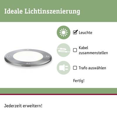 'Ideale Lichtszenierung.' Abgebildet ist eine runde Leuchte. Schritte: 'Leuchte', 'Kabel zusammenstellen', 'Trafo auswählen', 'Fertig!'