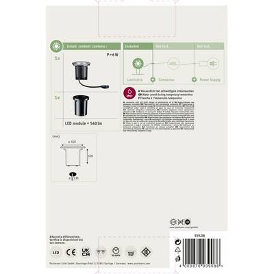 Verpackung eines LED-Einbaumoduls. Enthalten: 1x LED-Modul, nicht enthalten: Netzteil. Leistung: 6W. Illustrationen und Maße sind angegeben.