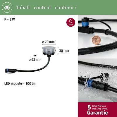 'LED-Modul mit 2W, 100lm, ø70mm x 30mm. Schutzart IP67. 5 Jahre Garantie.'