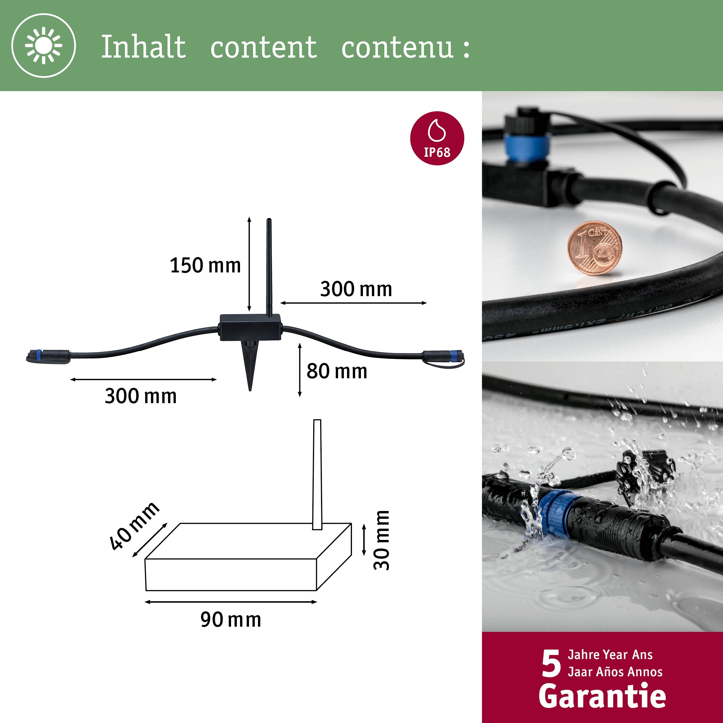 'Diagramm eines T-Stücks mit Maßen: 300 mm Breite, 150 mm Höhe, 80 mm Höhe zwischen Vertikalen. IP68 Schutz, 5 Jahre Garantie.'