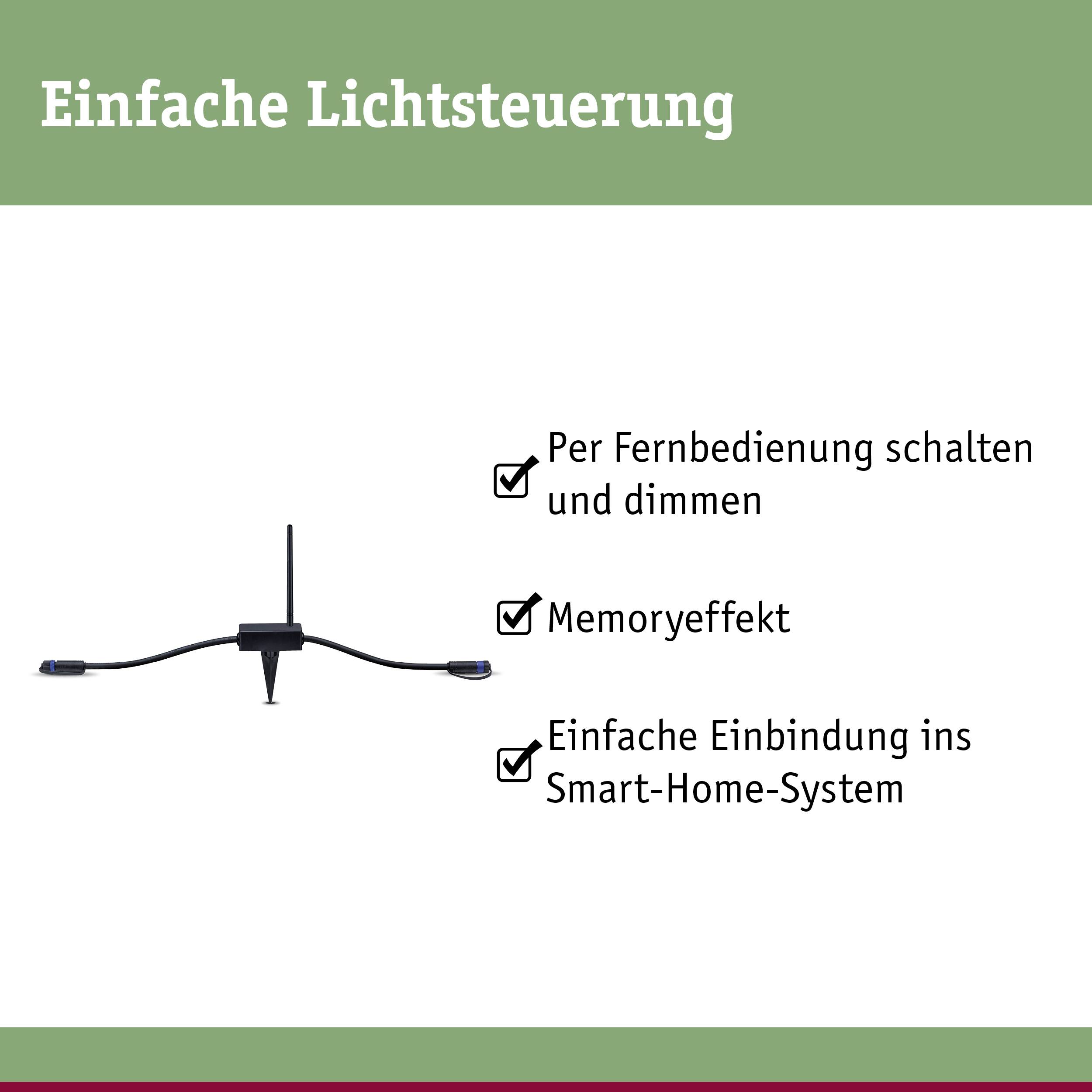 'Einfache Lichtsteuerung: Per Fernbedienung schalten und dimmen. Memoryeffekt. Einfache Einbindung ins Smart-Home-System.'