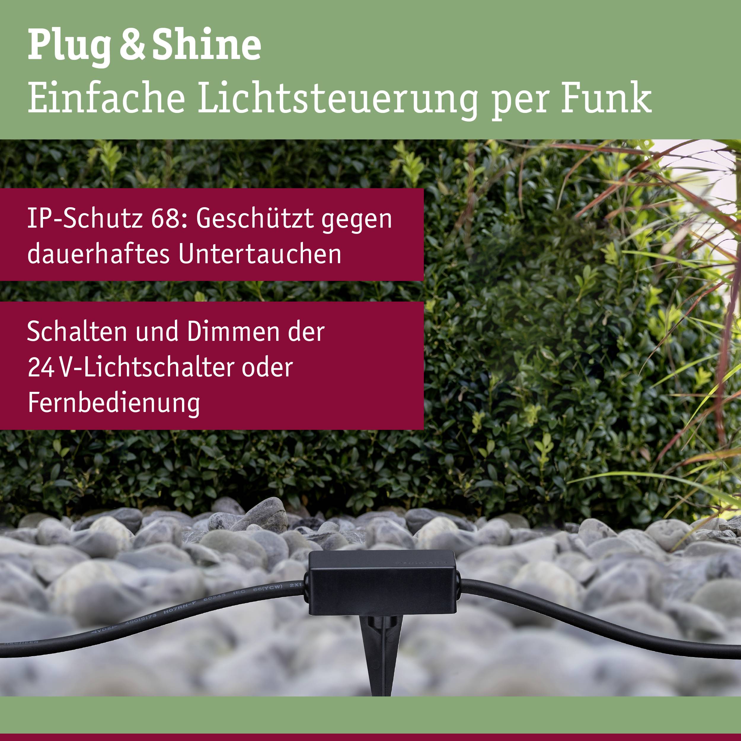 'Plug & Shine: Einfache Lichtsteuerung per Funk.' Ein schwarzes Kabel verläuft über einen Steingarten. Text beschreibt Wasser- und Fernsteuerungs-Sicherheitsfunktionen.
