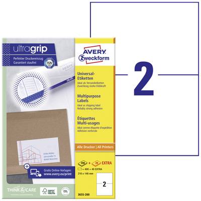 Bild zeigt Avery Zweckform Universal-Etiketten mit ultra grip Technologie, blauem Hintergrund und großem '2' auf der Verpackung. Geeignet für alle Drucker.