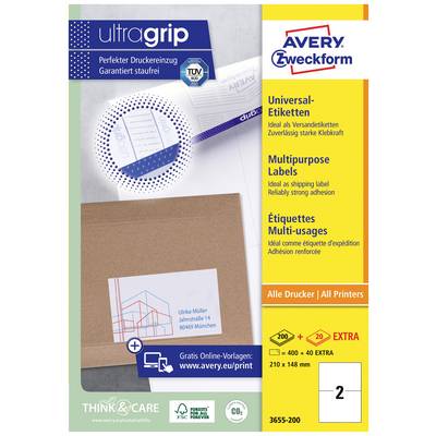 Verpackung einer Etikettenbox von Avery Zweckform. Beinhaltet Universal-Etiketten für alle Drucker, mit Gratis-Vorlagen online verfügbar.