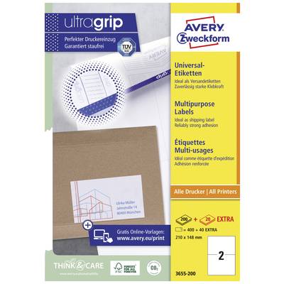 Etikettenverpackung mit der Aufschrift 'Universal-Etiketten' in vier Sprachen, Illustration eines Briefes, Logo von Avery Zweckform.
