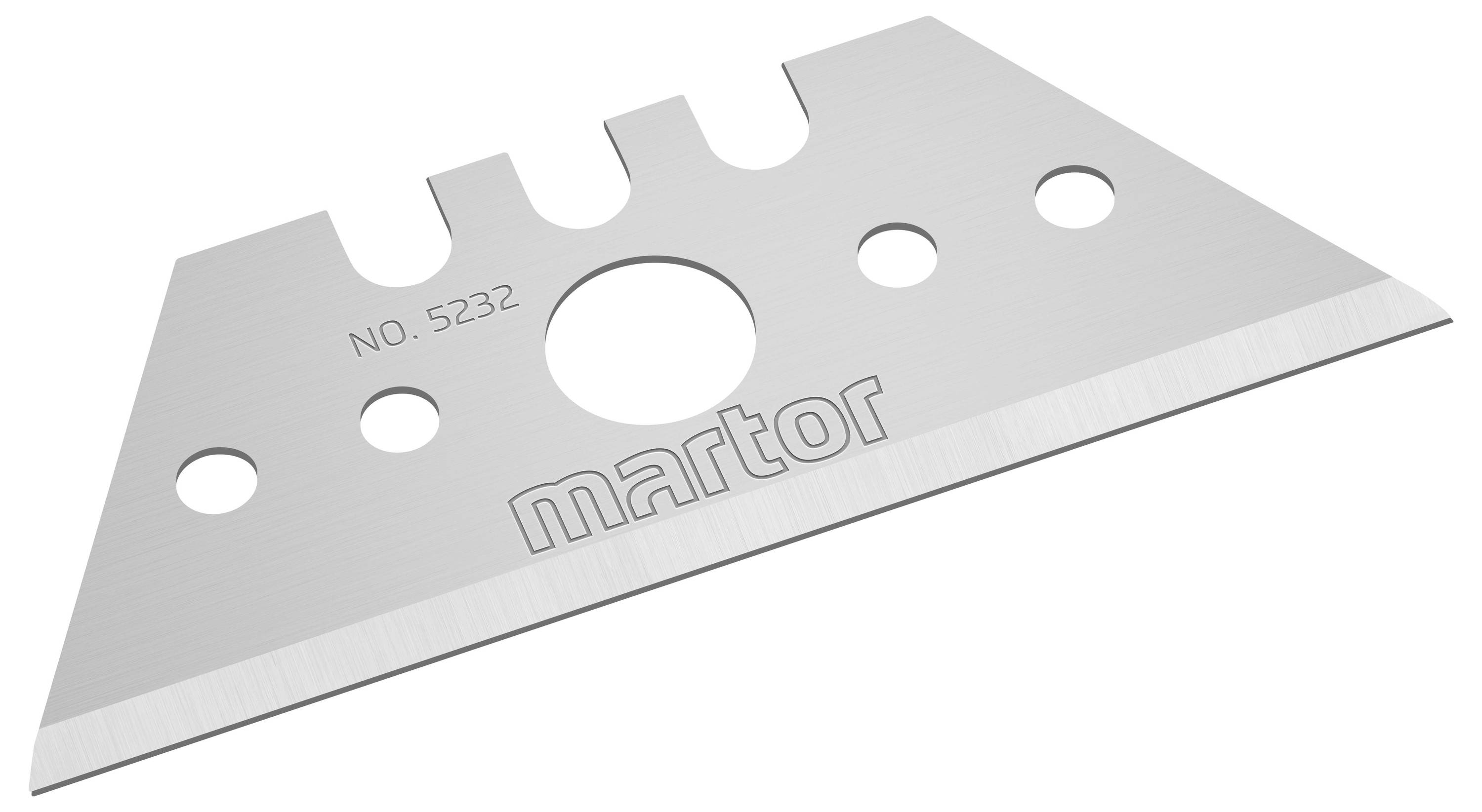 Silberne trapezförmige Ersatzklinge mit der Aufschrift 'martor' und der Nummer '5232', zeigt runde Öffnungen und Einkerbungen.