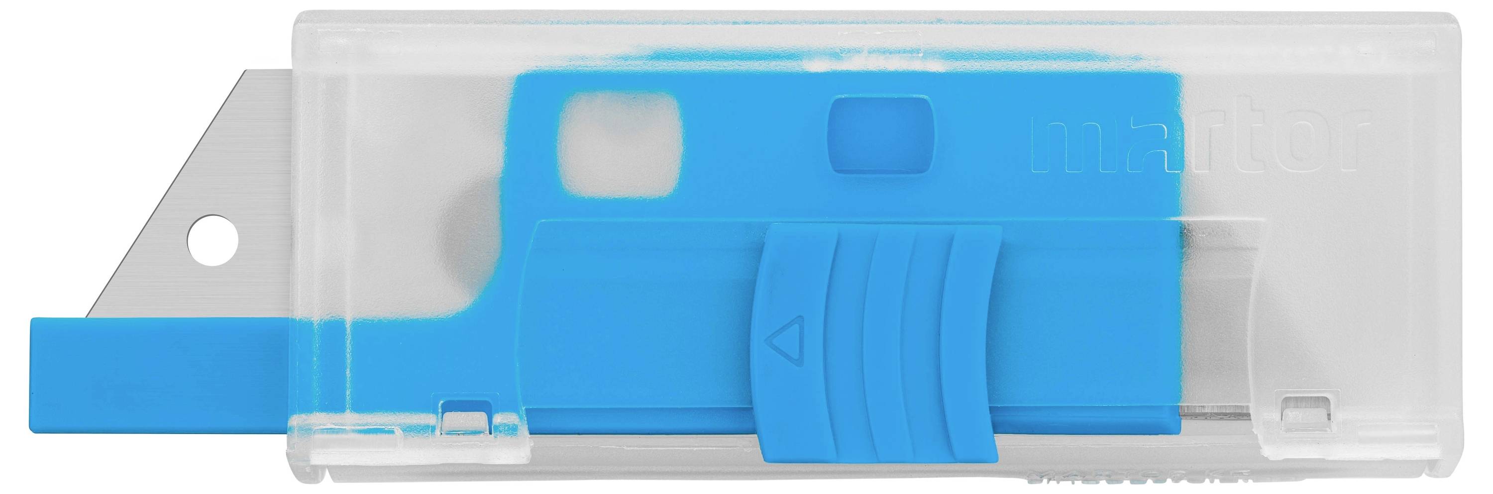 Transparenter Messerschneider mit blauem Griff, Klinge seitlich ausgefahren.