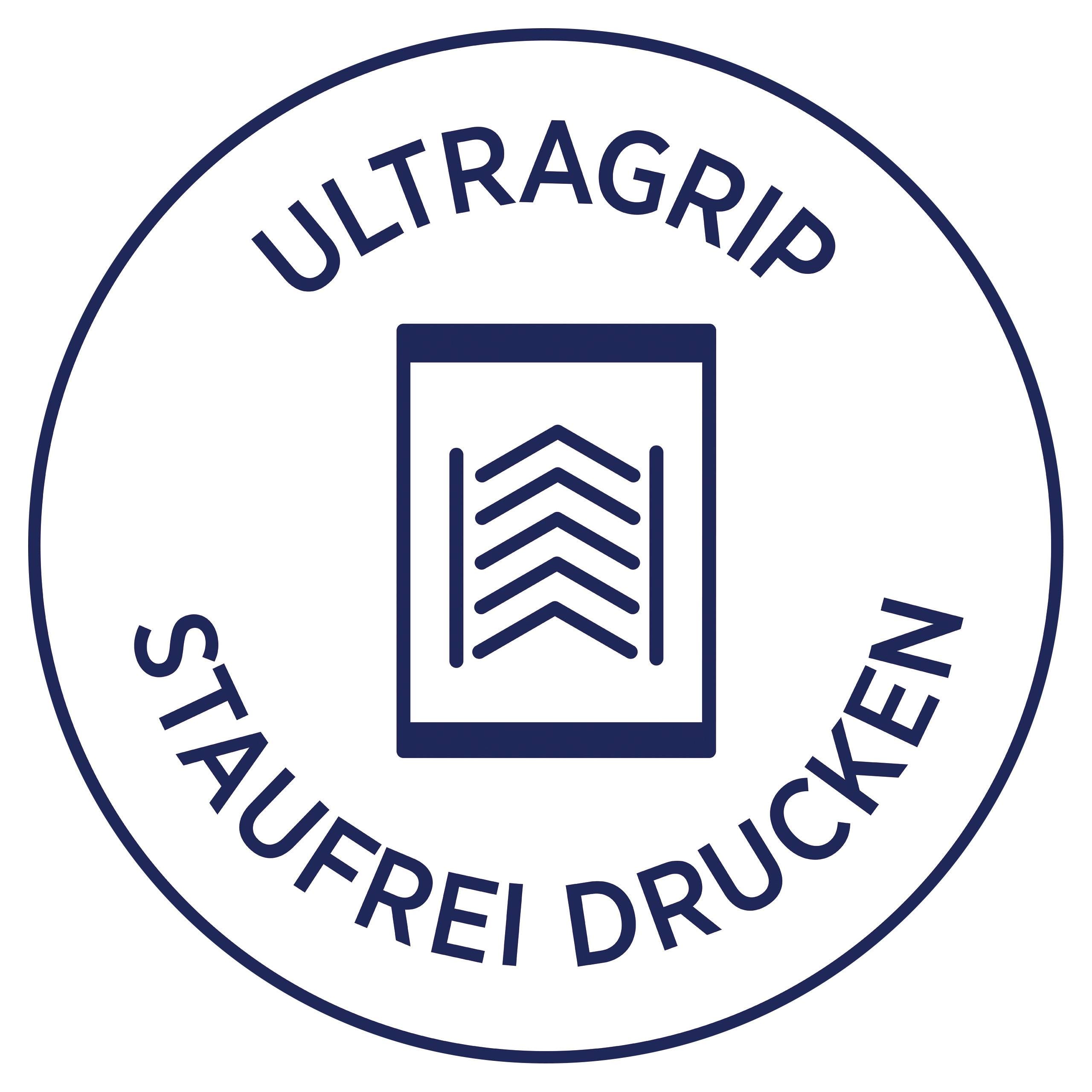 'Ultragrip Staufrei Drucken' in einem Kreis um ein Symbol mit Pfeilen; Hinweis auf präzises, fehlerfreies Drucken.