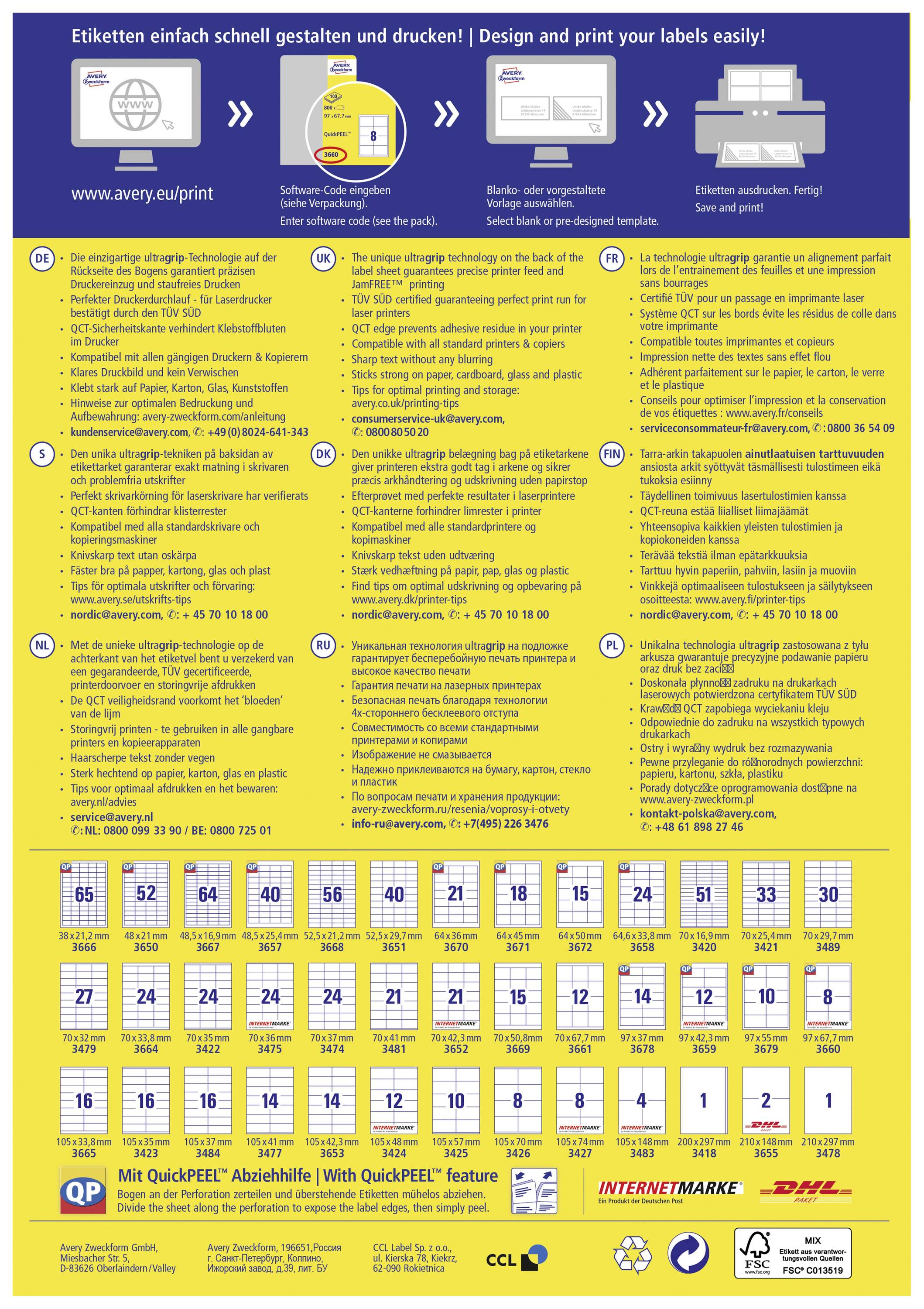 Gelbes Plakat mit Informationen zur Gestaltung und dem Druck von Etiketten, inklusive Schritt-für-Schritt-Anleitung und Anwendungstipps. Tabellen mit Etikettenkategorien und Produktreferenzen.