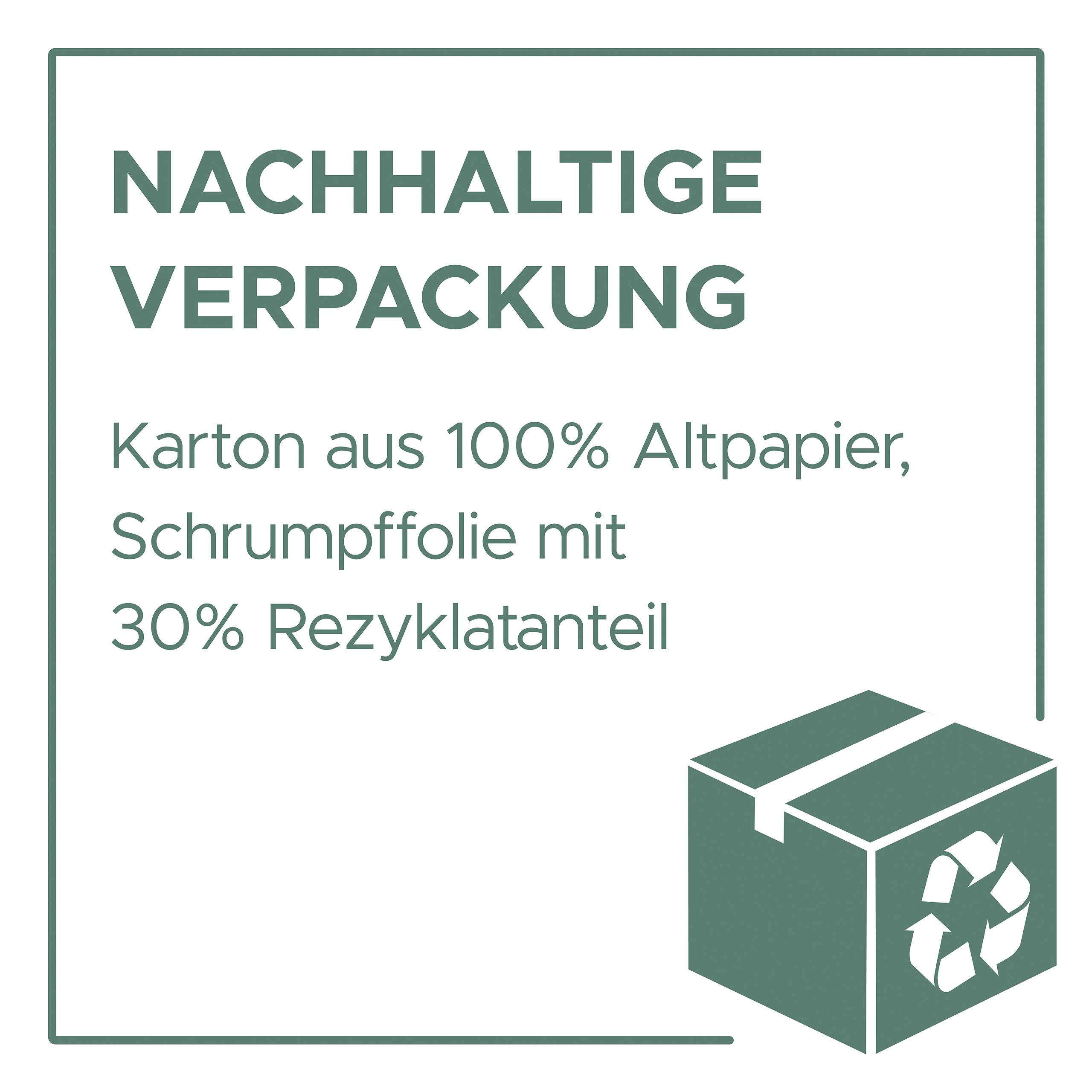 'NACHHALTIGE VERPACKUNG Karton aus 100% Altpapier, Schrumpffolie mit 30% Rezyklatanteil' ist neben einem Recycling-Symbol auf weißem Hintergrund.