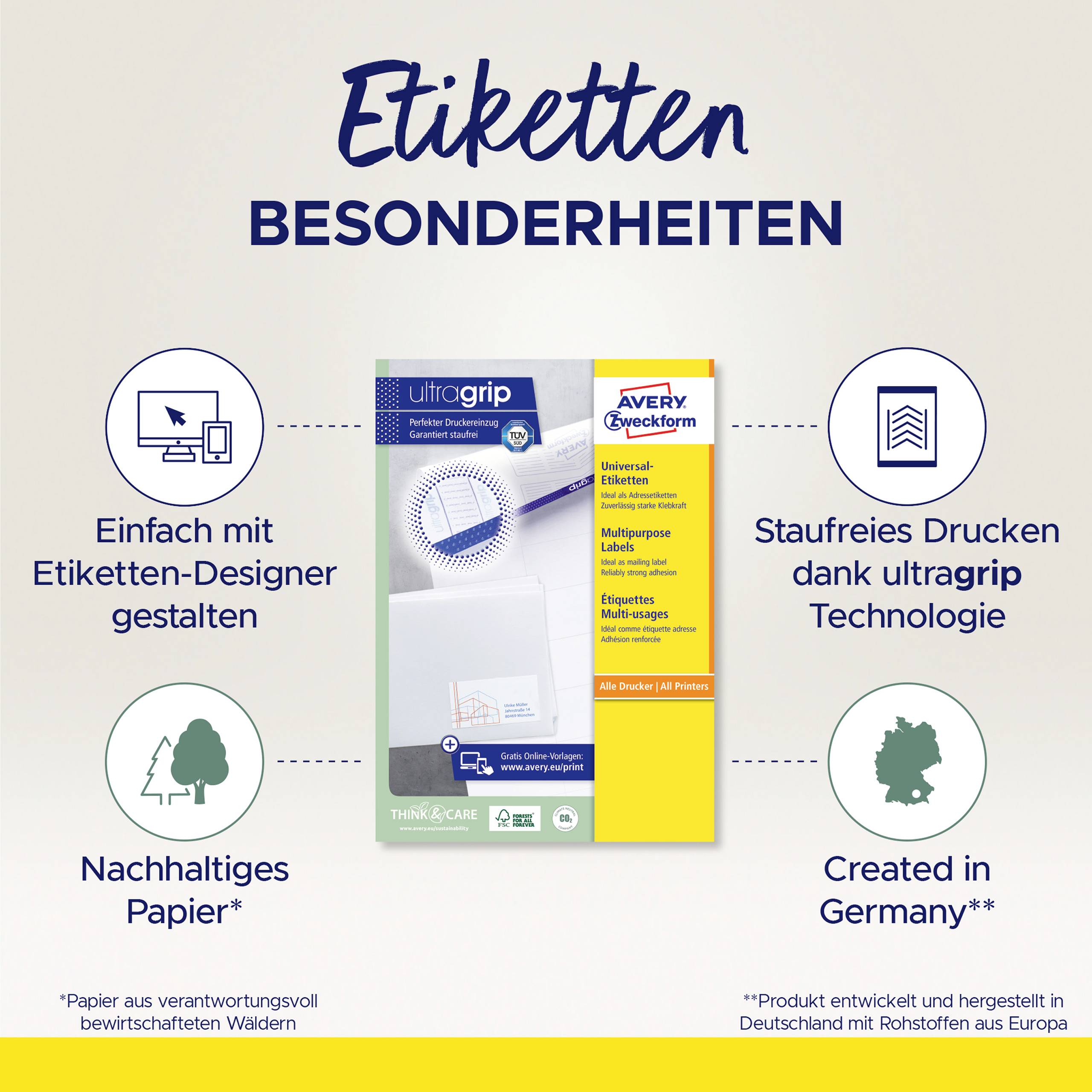 'Etiketten Besonderheiten': Optische Effekte, staufreies Drucken, nachhaltiges Papier, hergestellt in Deutschland/EU.