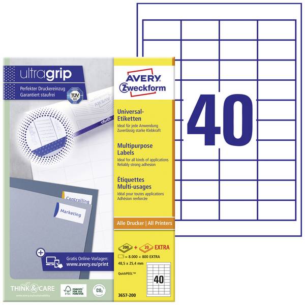 Avery-Zweckform 3657 Universal-Etiketten 48.5 x 25.4 mm Papier Weiß 4000 St. Permanent haftend Tintenstrahldrucker, Laserdrucker, Farblaserdrucker, Kopierer, Farbkopierer, Handbeschriftung