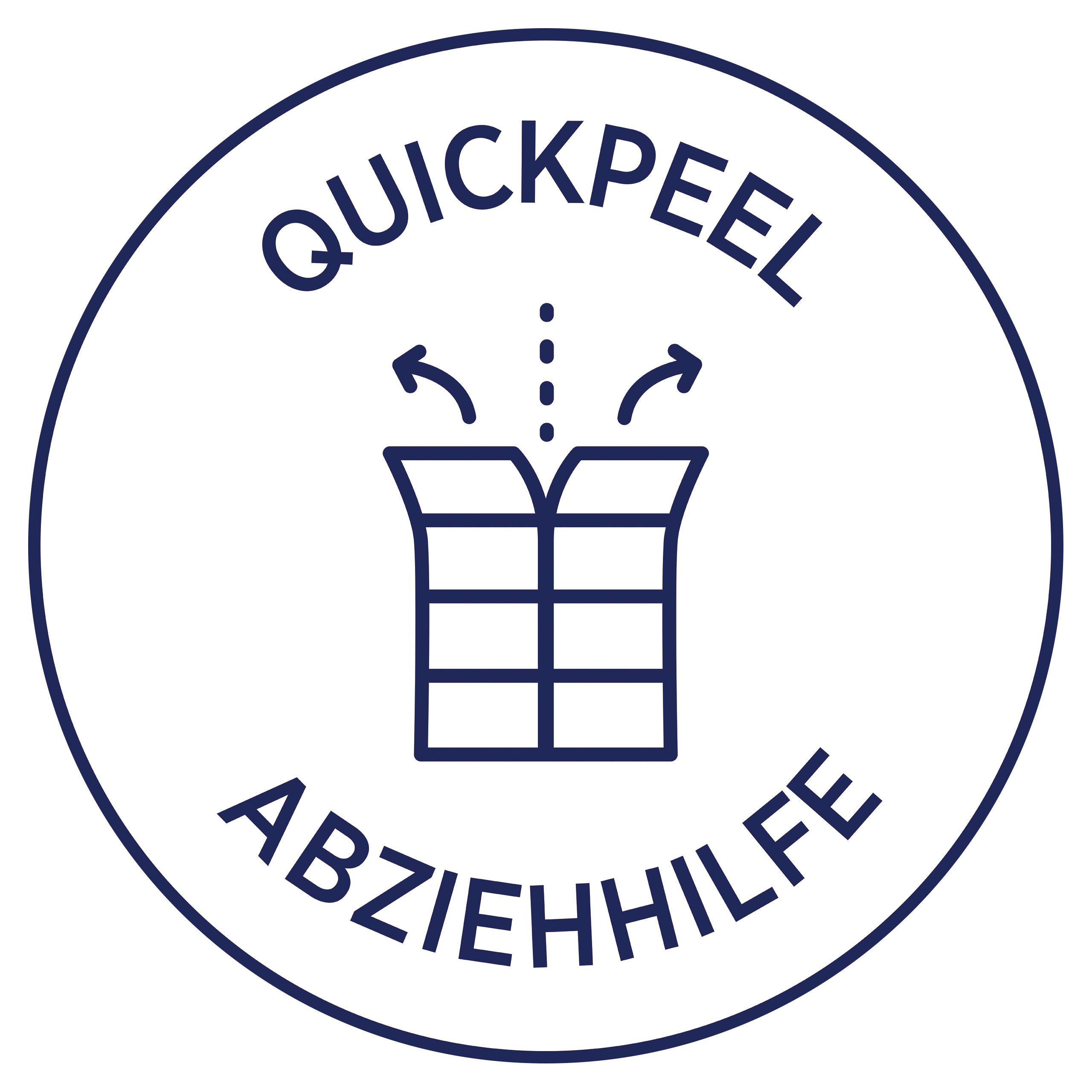 'Quickpeel Abziehhilfe' steht um ein Symbol, das zwei übereinanderliegende Rechtecke mit Pfeilen zeigt, die nach oben zeigen.