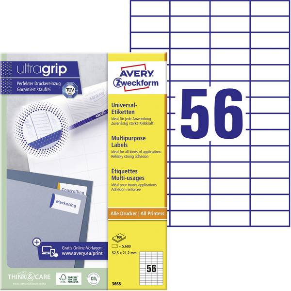 Avery-Zweckform 3668 Universal-Etiketten 52.5 x 21.2 mm Papier Weiß 5600 St. Permanent haftend Tintenstrahldrucker, Laserdrucker, Farblaserdrucker, Kopierer, Farbkopierer, Handbeschriftung
