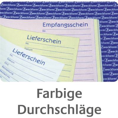 'Lieferscheine und Empfangsscheine in verschiedenen Farben, gestapelt mit Zweckform-Logo im Hintergrund. Text: Farbige Durchschläge.'