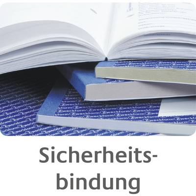 'Drei gestapelte Bücher mit geöffnetem oberen Buch. Darunter eine Fläche mit dem Text 'Sicherheitsbindung' in großen Buchstaben.'