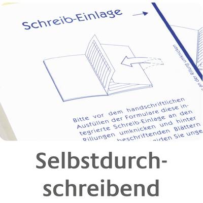 'Selbstdurchschreibend' zeigt ein aufklappbares Notizbuch, das selbstkopierende Seiten hat. Text enthält Anweisungen zum Ausfüllen.