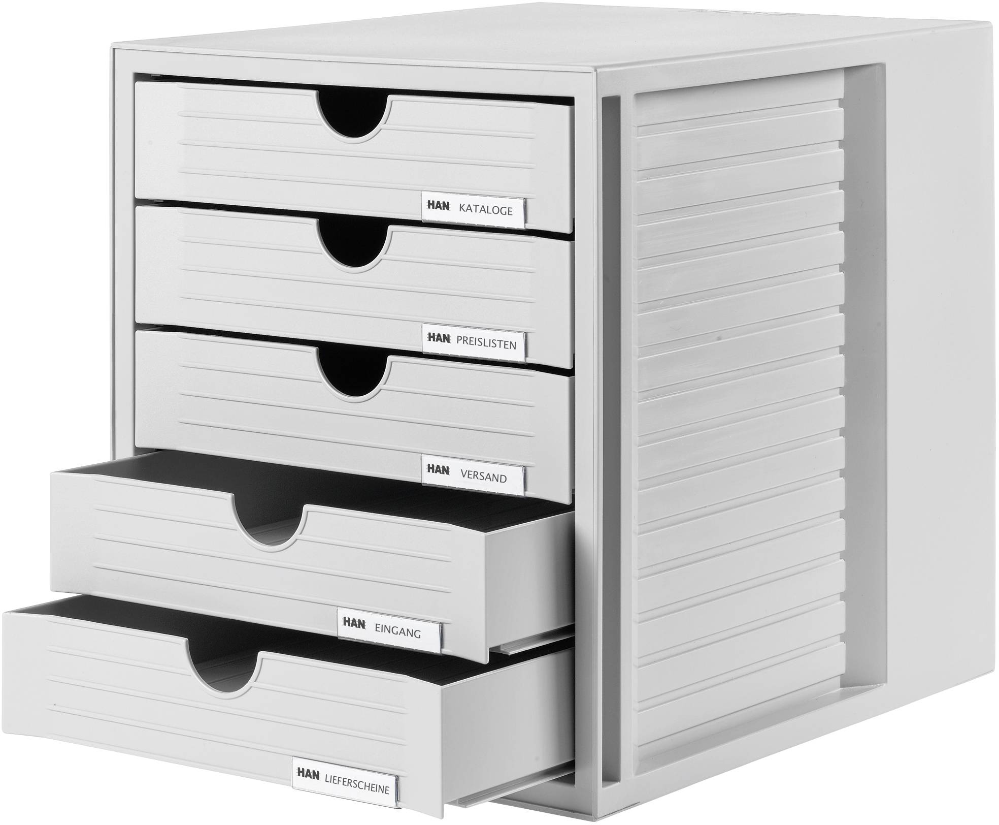Ein graues Schubladensystem mit fünf beschrifteten Fächern: 'Kataloge', 'Preislisten', 'Versand', 'Eingang', 'Lieferscheine'.
