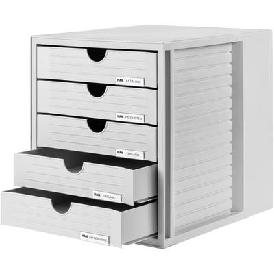 Ein graues Schubladensystem mit fünf beschrifteten Fächern: 'Kataloge', 'Preislisten', 'Versand', 'Eingang', 'Lieferscheine'.