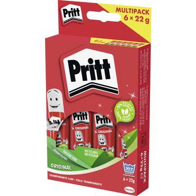 Rote und gelbe Mehrfachpackung mit sechs 22g Pritt Klebestiften, mit der Aufschrift 'Original', die recycelbare und umweltfreundliche Eigenschaften zeigt.