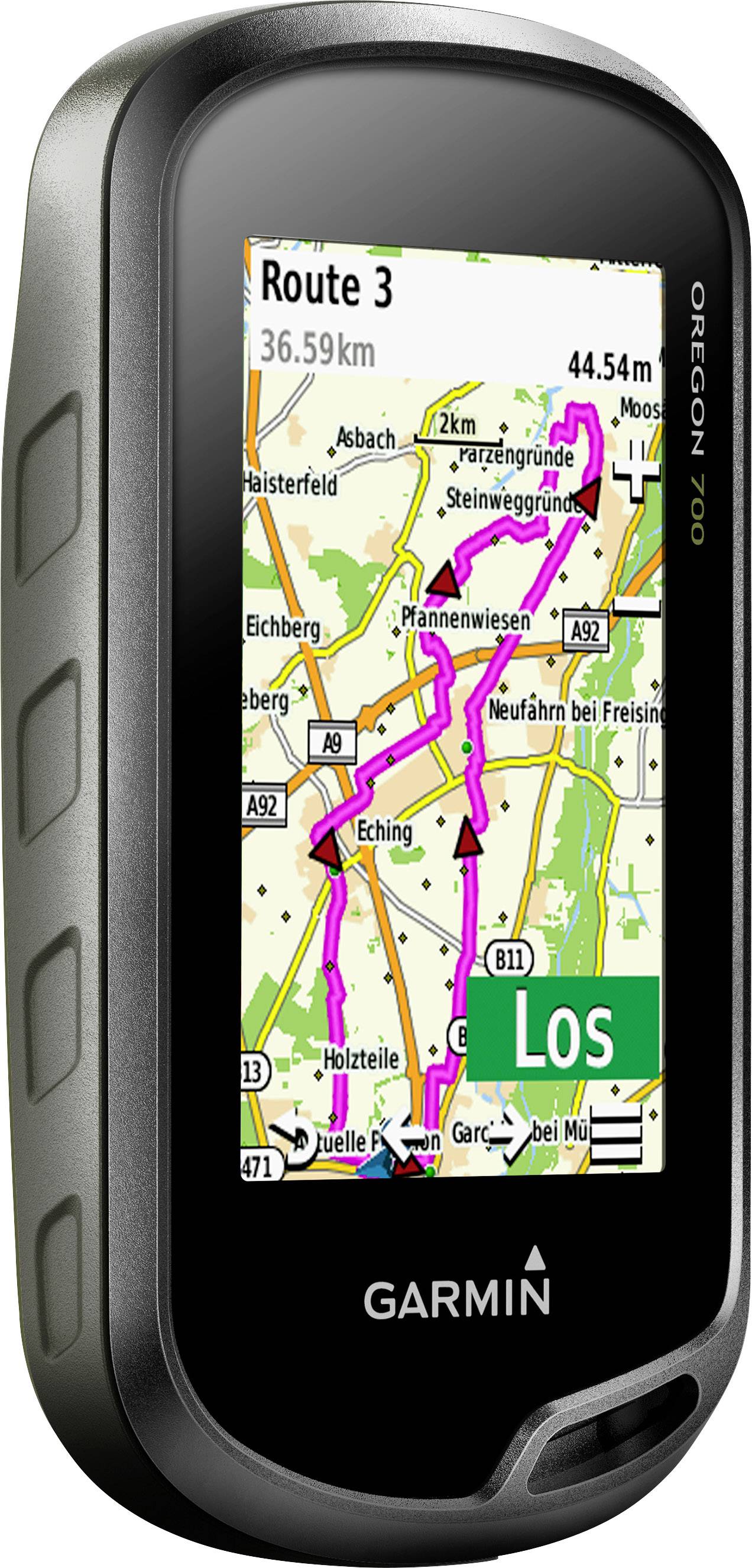 Ein tragbares GPS-Gerät mit einer Karte auf dem Bildschirm zeigt 'Route 3'. Ein grüner Button mit der Aufschrift 'Los' ist sichtbar.