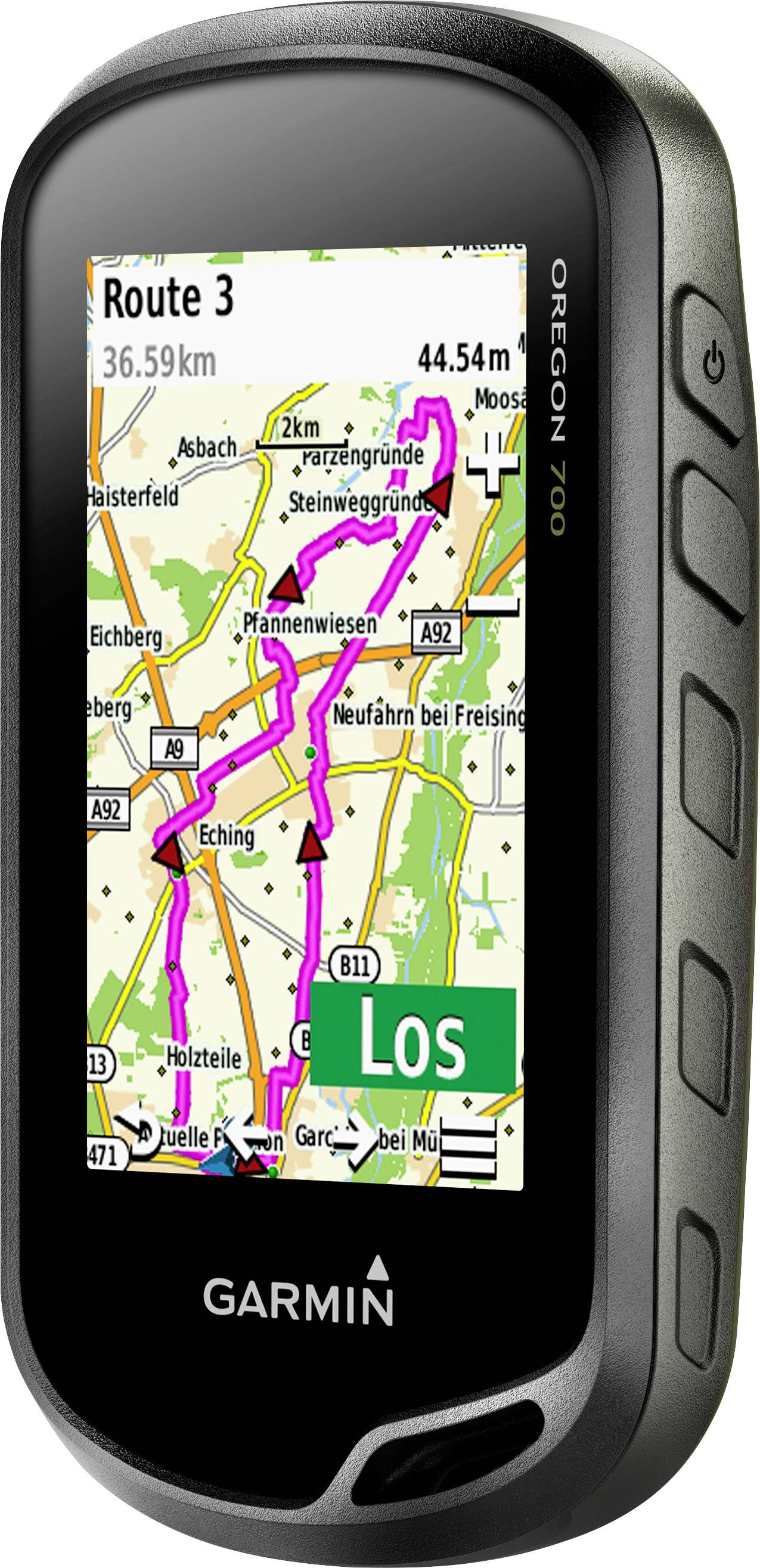 Ein GPS-Gerät zeigt eine detaillierte Straßenkarte mit einer markierten Route. Der Startpunkt der Route ist mit 'Los' gekennzeichnet.