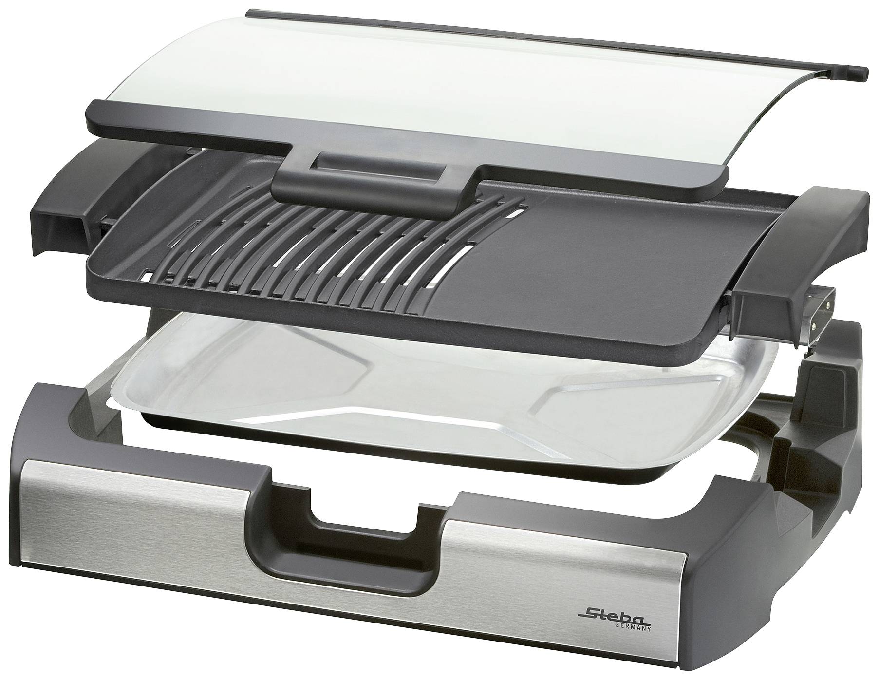 Ein modulares Küchengerät mit Grillplatte, Glasabdeckung und Edelstahlrahmen, in Einzelteilen dargestellt.