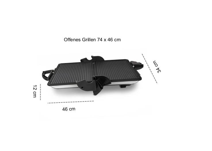 'Elektrischer Grill', offen, Maße: 74 x 46 cm. Rückenlehnen über den Grillflächen. Schwarz, mit seitlichen Griffen.