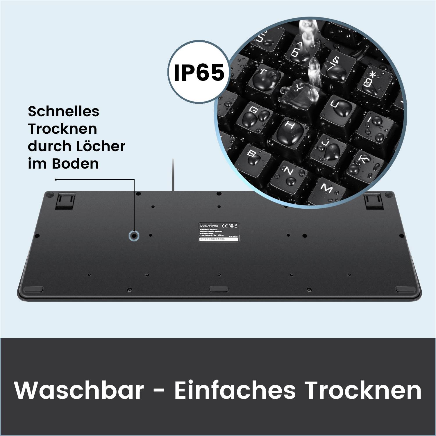 Tastatur wird gewaschen, Wasser fließt über die Tasten. Etikett 'IP65', zeigt robustes Design. Text: 'Schnelles Trocknen durch Löcher im Boden'.