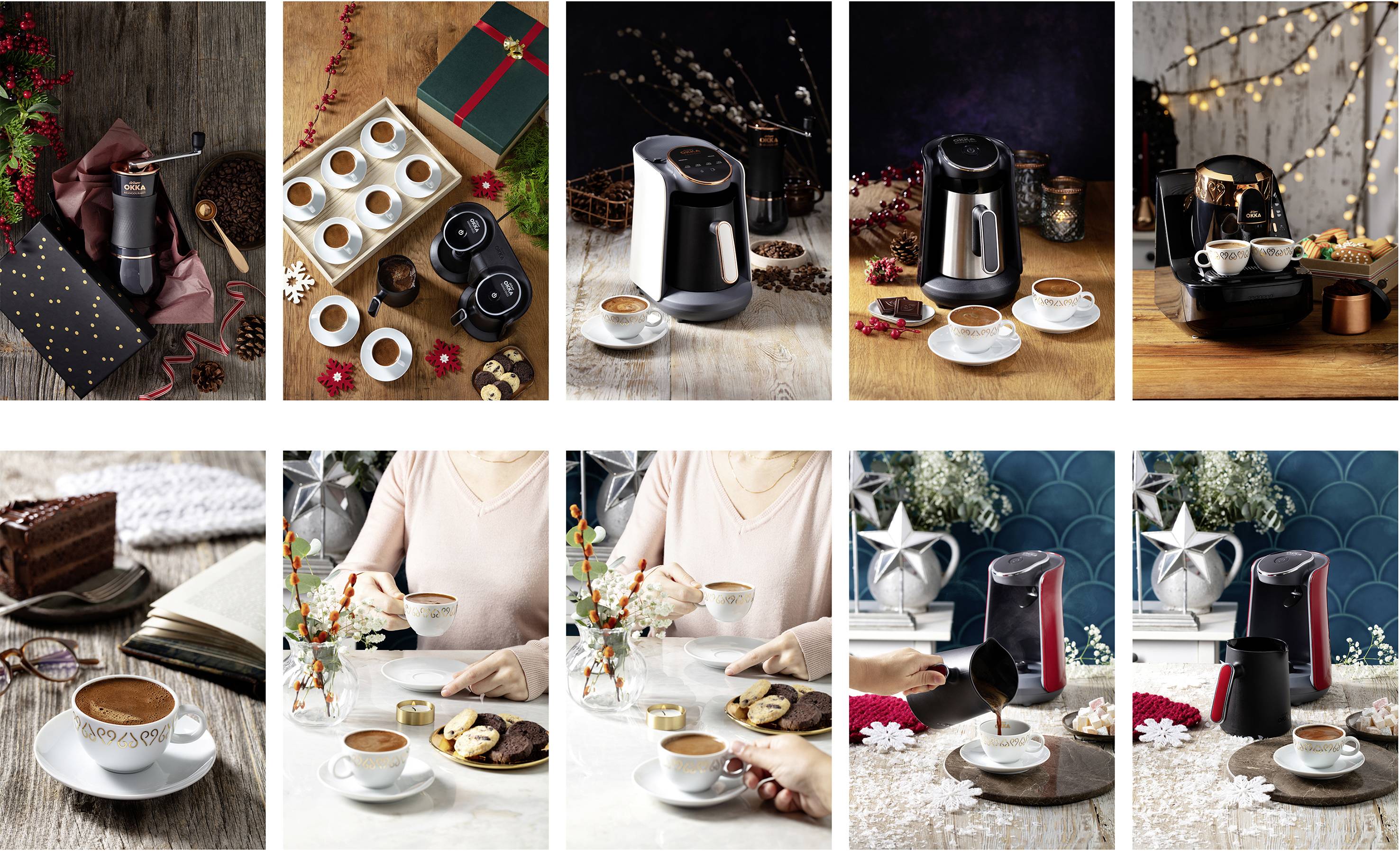 Eine Reihe von Bildern zeigt eine Kaffeemaschine mit Kaffeetassen in verschiedenen Einstellungen, darunter eine gemütliche Weihnachtsdekoration.