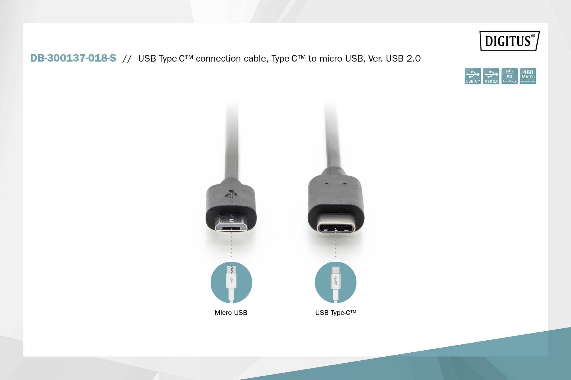 'USB Type-C auf Micro USB Verbindungskabel, Typ-C auf Micro USB, Version USB 2.0, Artikelnummer DB-300137-018-S.' Oben links: Produktbezeichnung. Unten: Kabelanschlüsse mit Etiketten.